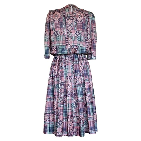 Vintage 80s Womens Size 6 Southwest Blouson Midi Dress Aztec Pink Blue‎ Pleated - Picture 7 of 11